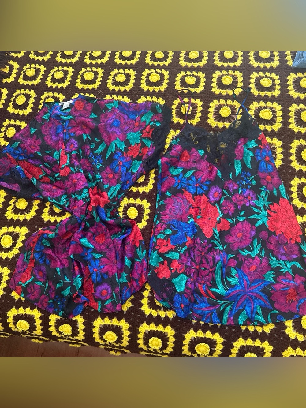 Vtg Morgan Taylor Floral Lace Slip Dress & Kimono Set Sz Large